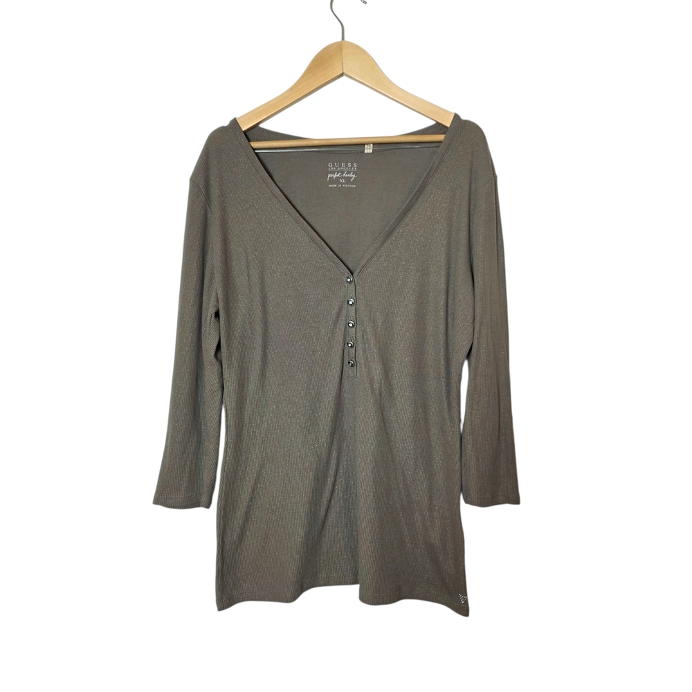 Guess Perfect Henley Top XL‎ Olive Green Y2K Vampire Diaries Bella Swan Preppy